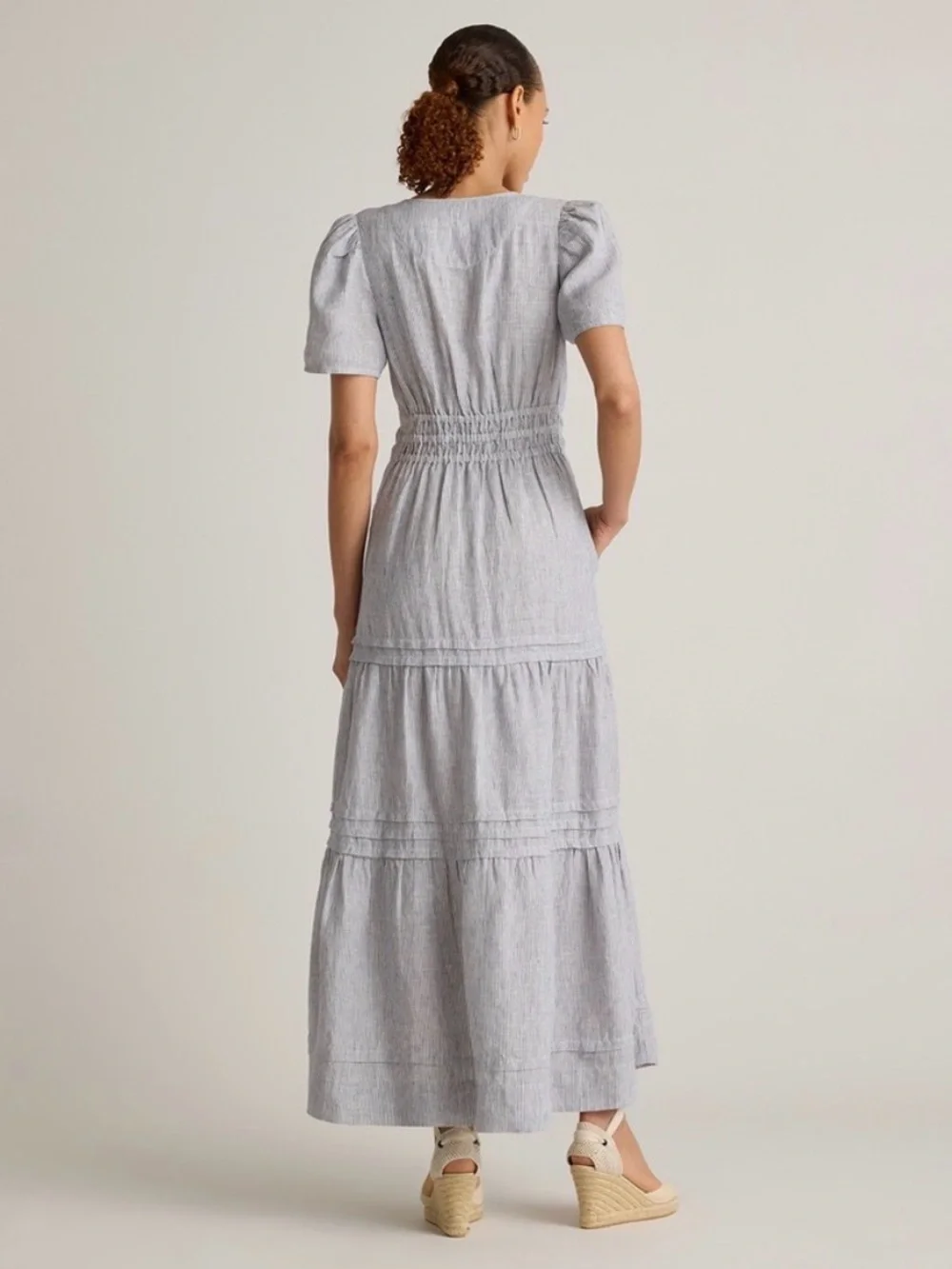 NWT Quince European Linen Tiered Maxi Dress chambray stripe M - Picture 3 of 9